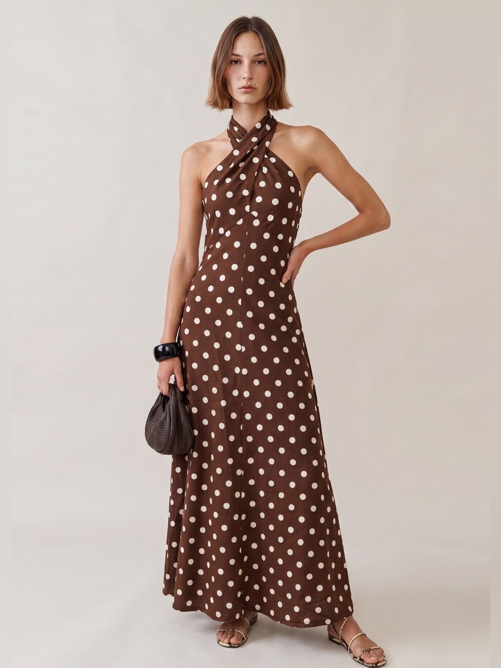 o.p.t. Noelle Ted Baker Factory Brown Polka Dot Halter Maxi Dress NWT XS